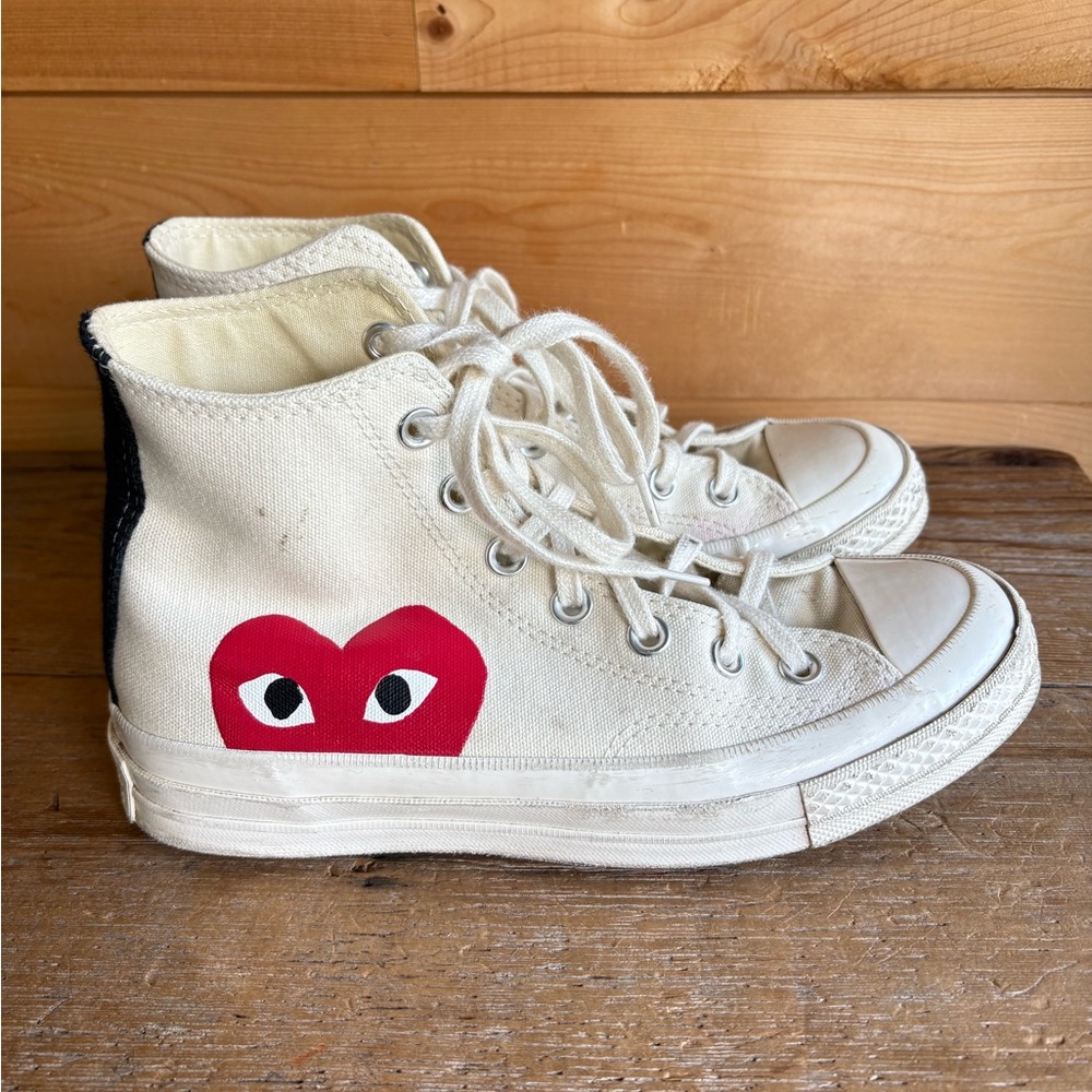 Converse x Play Comme Des Garçons White High-Top Sneakers with Red Heart Graphic